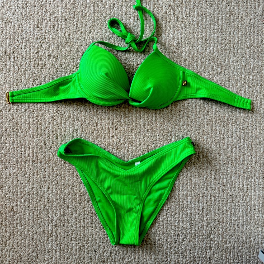 Bright green push up bikini with V cut bottoms